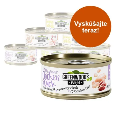 Konzervy Greenwoods Delight, viditeľné príchute Chicken in Duck, Chicken Beef, Charming Chicken, nápis na oranžovom kruhu: Vyskúšajte teraz! 70 % chicken fillet, 70 g.