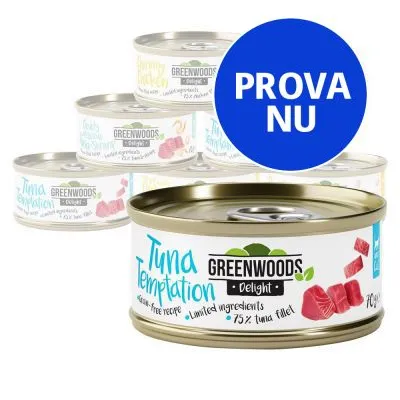 Flera burkar Greenwoods Delight kattmat, främst Tuna Temptation med text: gluten-free recipe, limited ingredients, 75 % tuna fillet. Blå cirkel med texten PROVA NU.