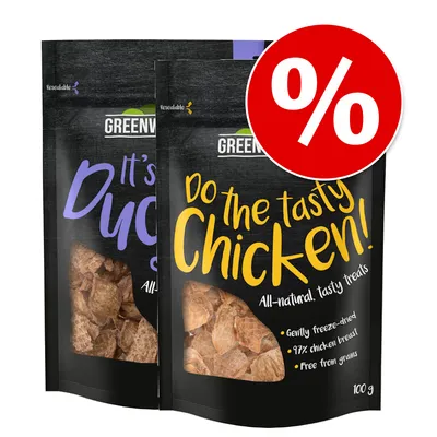 Greenwoods snacks pour chiens : 'Do the tasty Chicken!' et 'It's Duck'. Lyophilisé, 97 % filet de poulet, sans céréales. Paquet de 100 g. Symbole de réduction visible. Greenwoods snacks pour chiens : 'Do the tasty Chicken!' et 'It's Duck'. Lyophilisé, 97 % filet de poulet, sans céréales. Paquet de 100 g. Symbole de réduction visible.