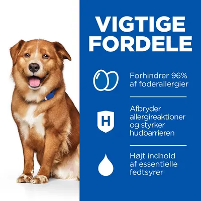 VIGTIGE FORDELE: Forhindrer 96 % af foderallergier, afbryder allergireaktioner og styrker hudbarrieren, højt indhold af essentielle fedtsyrer. Tekst på dansk.