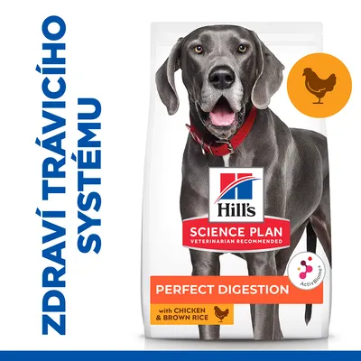 Hill's Science Plan Perfect Digestion s kuřetem a hnědou rýží, nápis ZDRAVÍ TRÁVICÍHO SYSTÉMU, obal s obrázkem psa, ikona kuřete