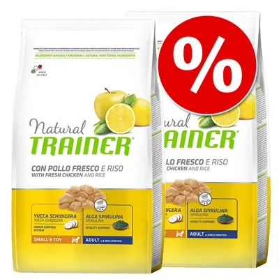 Natural Trainer mit frischem Huhn und Reis, Yucca Schidigera, Spirulina, Small & Toy Adult, Made in Italy. Großes rotes Prozentzeichen für Rabattaktion.