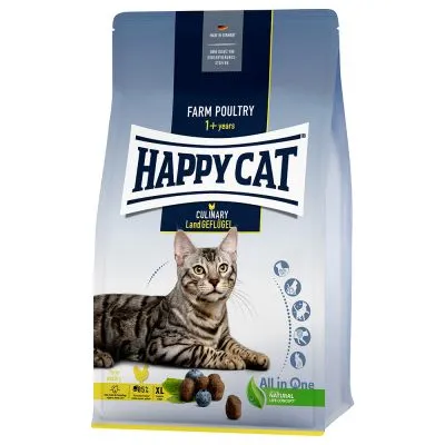 Pienso para gatos Happy Cat Farm Poultry 1+ years, Culinary Land Geflügel. Imagen de un gato atigrado y croquetas visibles en el envase.