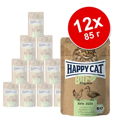 Набор из 12 паучей корма для кошек Happy Cat BIO Organic с уткой, по 85 г. На упаковке изображены кот и утка, видны надписи: 'BIO', 'Ente Duck', 'Ohne Zuckerzusatz'. Набор из 12 паучей корма для кошек Happy Cat BIO Organic с уткой, по 85 г. На упаковке изображены кот и утка, видны надписи: 'BIO', 'Ente Duck', 'Ohne Zuckerzusatz'.