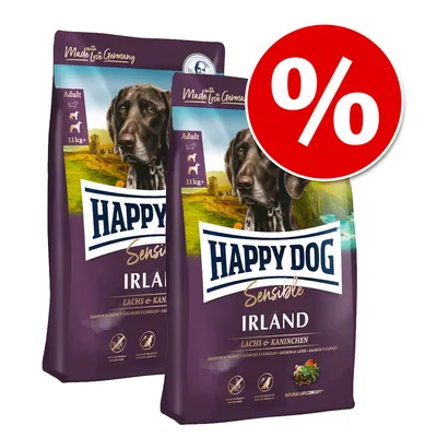 Dve vreči pasje hrane Happy Dog Sensible Irland, Lachs & Kaninchen, za odrasle pse nad 11 kg. Velik rdeč simbol za popust (%).