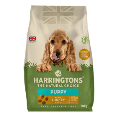 Harringtons The Natural Choice Puppy food, rich in turkey and rice, high meat, freshly prepared, 100% complete food, 10kg bag, made in the UK.