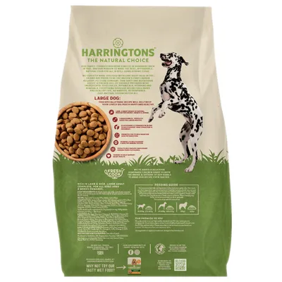 Bag showing feeding guide for large adult dogs, key recipe features, and a bowl of dry kibble. Text highlights lamb and rice ingredients and nutritional benefits for large breeds.