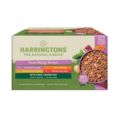 Harringtons Fresh Meaty Recipes box showing 16x400g packs: 4 lamb, 4 chicken, 4 turkey, 4 beef. Contains farm-grown veg, 90% freshly prepared meat and veg, grain free for adult dogs.
