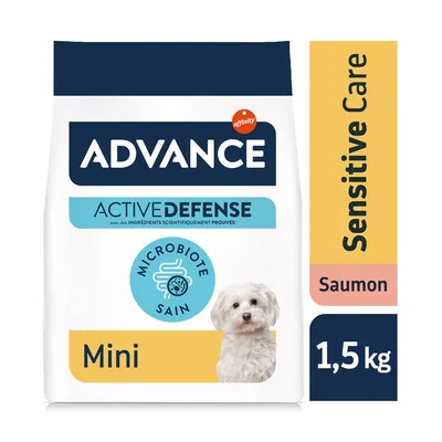 Advance Active Defense Sensitive Care Mini Saumon, 1,5 kg. Microbiote sain. Avec des ingrédients scientifiquement prouvés. Photo d’un petit chien blanc sur l’emballage.