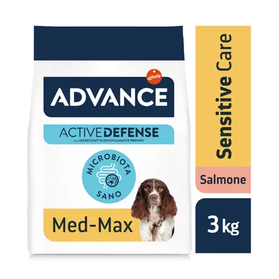 Confezione Advance Active Defense Sensitive Care Salmone Med-Max, Microbiota Sano, 3 kg. Testo visibile: con ingredienti scientificamente provati.