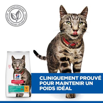Hill's Science Plan Perfect Weight Adulte nourriture pour chat au poulet. Cliniquement prouvé pour le maintien du poids idéal. Sans conservateurs, colorants ni arômes artificiels.