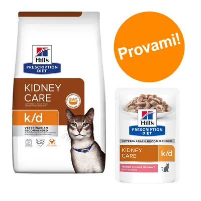 Hill's Prescription Diet Kidney Care k/d per gatti, confezione secca e umida. Testo visibile: 'Provami!', 'Veterinarian Recommended', 'Tender Chunks in Gravy with Salmon'.