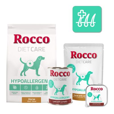 Rocco Diet Care Hypoallergenic, kůň, bezobilná receptura, živočišný jediný protein, bohaté na omega-3 mastné kyseliny, podpora kůže a srsti, balení 1 kg.