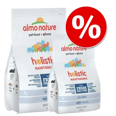 Almo Nature Holistic Maintenance Adult Cat, con pesce azzurro fresco, confezioni da 2 kg, scritta promozionale % su sfondo rosso visibile. Almo Nature Holistic Maintenance Adult Cat, con pesce azzurro fresco, confezioni da 2 kg, scritta promozionale % su sfondo rosso visibile.
