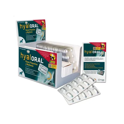 Embalagem de comprimidos hyalORAL Razas Pequeñas y Medianas, 270 comprimidos. Texto visível em espanhol sobre regeneração da cartilagem e fortalecimento de tendões e ligamentos.