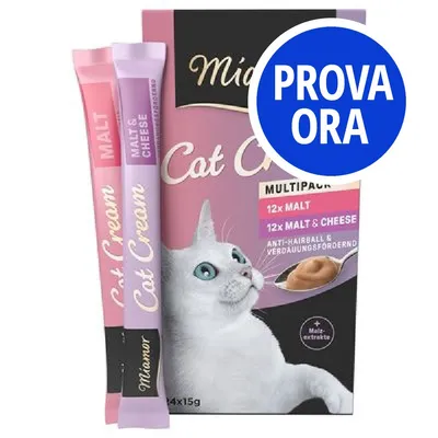 Miamor Cat Cream multipack, 12x Malt, 12x Malt & Cheese, con immagine di gatto e bustine. Cerchio blu con testo: PROVA ORA. Miamor Cat Cream multipack, 12x Malt, 12x Malt & Cheese, con immagine di gatto e bustine. Cerchio blu con testo: PROVA ORA.