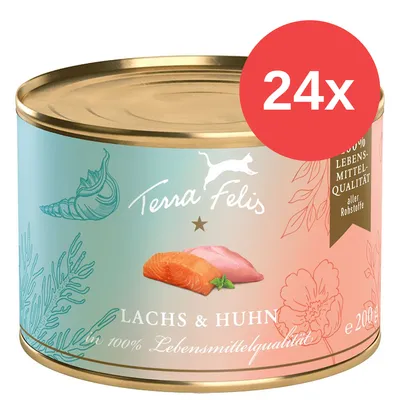 Lata de Terra Felis Lachs & Huhn, 200 g. Paquete de 24 unidades. Texto visible: 'in 100% Lebensmittelqualität'. Imagen de salmón y pollo en la etiqueta.