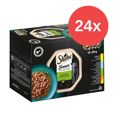 Sheba Sauce Collection Feine Vielfalt, opakowanie 24 x 85 g. Widoczny kot i miska z karmą na opakowaniu. Informacja: 12 x 85 g. Duży napis: 24x.