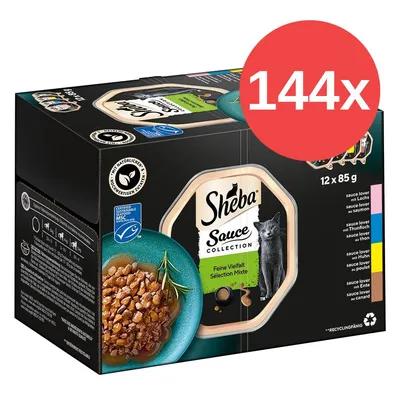 Sheba Sauce Collection, 12 x 85 g, Feine Vielfalt Sélection Mixte, opak z widocznym zdjęciem karmy dla kota, oznaczenie 144x na czerwonym tle