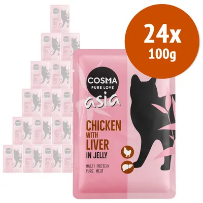 Cosma Asia Chicken with Liver in Jelly, confezione da 24 buste da 100 g. Testo visibile: multi protein pure meat. Immagine di gatto stilizzato sulla confezione.