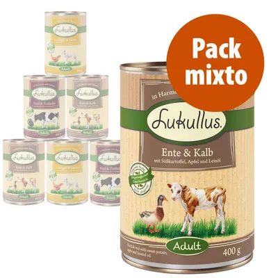 Pack mixto de comida húmeda para perros Lukullus Adult, latas de 400 g. Variedades visibles: Ente & Kalb, Rind & Truthahn, Geflügel & Lamm. Texto destacado: Pack mixto.