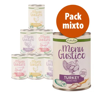 Latas de comida Lukullus Menu Gustico, variedades Chicken, Turkey y Beef. Etiquetas: 'Pack mixto', 'Grain-free', 'Human-grade quality'. Lata en primer plano de pavo 400 g.