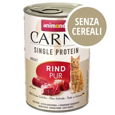 Scatola Animonda Carny Single Protein Adult Rind Pur, manzo puro per gatti adulti, senza cereali, con scritta 'SENZA CEREALI' visibile sull'immagine.
