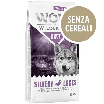 Wolf of Wilderness Soft Silvery Lakes, senza cereali, carne di pollo allevato all'aperto con anatra, 12 kg, ricetta 100% grain-free visibile sulla confezione.