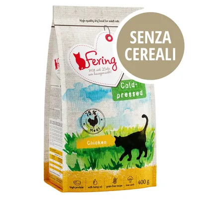 Feringa Chicken, 75% Meat, Cold-pressed, senza cereali, 400 g. Testo visibile: high protein, with hemp oil, grain-free recipe, low-carb.