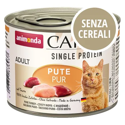 animonda Single Protein ADULT PUTE PUR, senza cereali, tacchino puro, 100% ingredienti freschi, made in Germany, lattina per gatti adulti. Testo visibile: SENZA CEREALI.