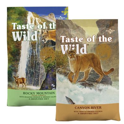Pienso para gatos Taste of the Wild, variedades Rocky Mountain y Canyon River. Texto visible: Feline Formula, A Grain-Free Diet, con venado asado, salmón ahumado, trucha.