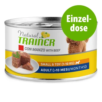 Natural Trainer Con Manzo with Beef -koiran märkäruoka, yksittäistölkki. Small & Toy (1–10 kg), Adult (>10 mesi/months). Etiketissä kuva ruuasta ja koirasta. Teksti: Einzel-dose.