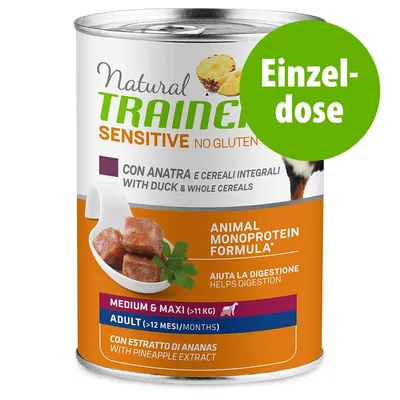 Natural Trainer Sensitive No Gluten -koiranruokapurkki, ankanlihaa ja täysjyväviljaa, ananasuutetta, aikuisille keskikokoisille ja suurille koirille (>11 kg), yksittäispakkaus. Tekstiä myös englanniksi ja italiaksi.