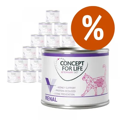 Multipack di Concept for Life Veterinary Diet Renal per gatti, lattine con scritta 'Kidney support, protein-reduced, stone prevention', simbolo percentuale arancione in alto a destra.