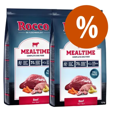 2 sacchi Rocco Mealtime Complete Dog Food Beef 12 kg, ricetta senza cereali, 70% ingredienti animali, carne di manzo fresca, offerta con simbolo percentuale arancione.