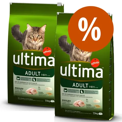2 sacchi di crocchette per gatti Ultima Adult 1–10 anni, pollo, 7,5 kg ciascuno, marchio Affinity, simbolo percentuale arancione in alto a destra.