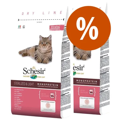 Schesir Nature for Cat Sterilized & Light Monoprotein con prosciutto, confezione doppia con simbolo percentuale di offerta. Testo visibile: 'with natural ingredients', 'low fat low calorie'. Schesir Nature for Cat Sterilized & Light Monoprotein con prosciutto, confezione doppia con simbolo percentuale di offerta. Testo visibile: 'with natural ingredients', 'low fat low calorie'.