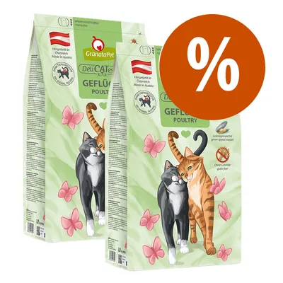 2 confezioni di GranataPet DeliCATessen Geflügel Poultry per gatti, scritte: 'Hergestellt in Österreich', 'Ohne Tierversuche', 'Grünlippmuschel', 'Ohne Getreide', simbolo percentuale sconto