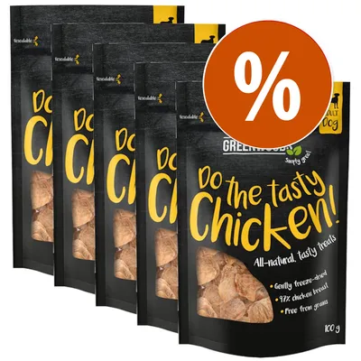 Confezioni di snack per cani Greenwoods Do the tasty Chicken! 100 g, 97% petto di pollo, senza cereali, scritta promozionale con simbolo percentuale.