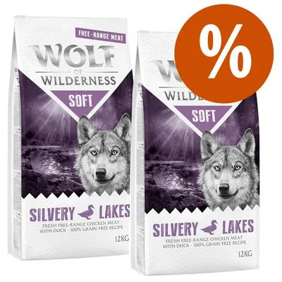 Wolf of Wilderness Soft Silvery Lakes, carne di pollo allevato all'aperto con anatra, ricetta senza cereali, 2 sacchi da 12 kg, offerta percentuale visibile