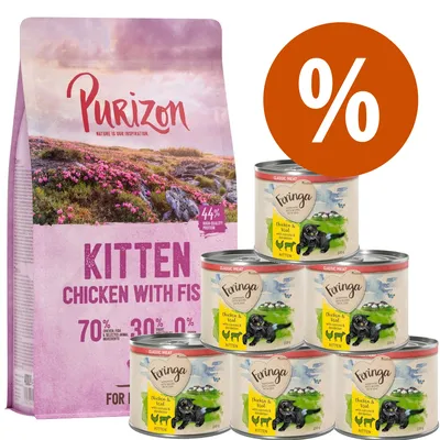 Confezione Purizon Kitten Chicken with Fish 70% pollo e pesce, 44% proteine, 0% cereali; 6 lattine Feringa Kitten Chicken & Veal. Simbolo percentuale arancione per offerta.