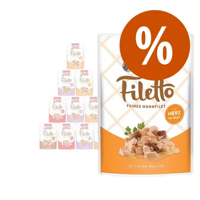 RINTI Filetto Feines Huhnfilet mit Herz in Jelly, confezione multipla di buste visibili, simbolo percentuale arancione per offerta o sconto.