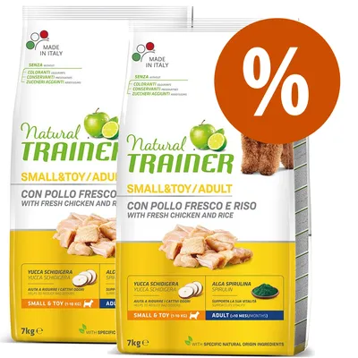 Natural Trainer Small & Toy Adult mit frischem Huhn und Reis, Made in Italy, ohne Farbstoffe, Konservierungsstoffe, Zuckerzusatz. 7 kg Beutel, Prozentzeichen für Angebot.