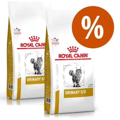 Due confezioni di Royal Canin Veterinary Nutrition Urinary S/O per gatti, con simbolo percentuale arancione visibile in alto a destra.
