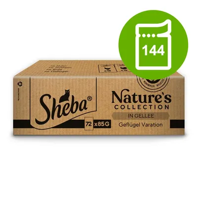 Sheba Nature's Collection v želé, hydinová variácia, 72 x 85g. Zelený symbol s číslom 144 pre označenie porcií.