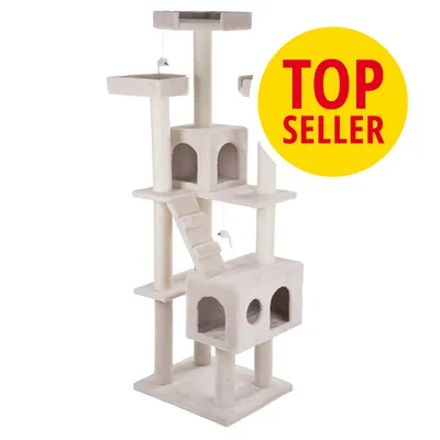 Tiragraffi beige a più livelli con casette, piattaforme, scaletta e giochi pendenti. Cerchio giallo con testo rosso: TOP SELLER.