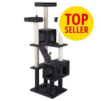 Tiragraffi nero a più livelli con colonne in sisal, piattaforme, casette e giochi appesi. Cerchio giallo con testo rosso: TOP SELLER. Tiragraffi nero a più livelli con colonne in sisal, piattaforme, casette e giochi appesi. Cerchio giallo con testo rosso: TOP SELLER.