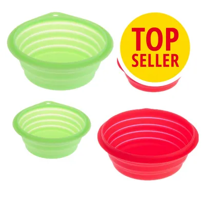 Skládací misky v zelené a červené barvě, materiál plast. Žlutý kruh s červeným textem: TOP SELLER. Skládací misky v zelené a červené barvě, materiál plast. Žlutý kruh s červeným textem: TOP SELLER.