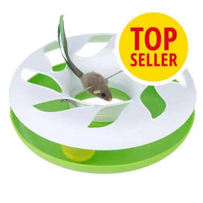 Hračka pro kočky s plyšovou myší a žlutým nápisem TOP SELLER na bílém a zeleném plastovém podstavci.