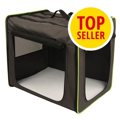 Skládací textilní přepravka pro domácí mazlíčky, černá se žlutým lemem, síťované okno, nápis TOP SELLER v žlutém kruhu